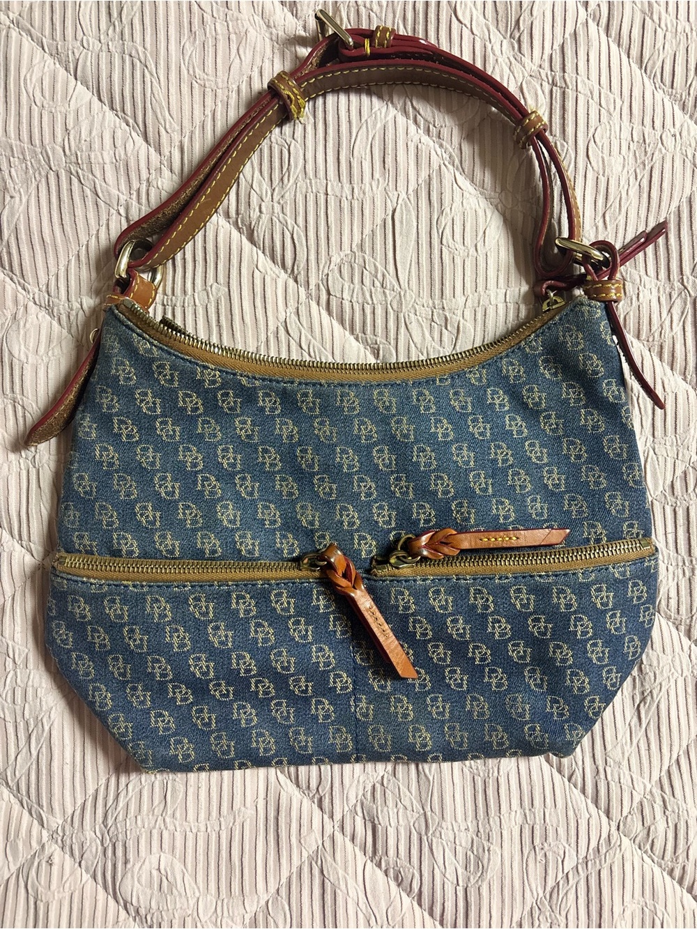 Vintage Dooney & Bourke Blue Jacquard Hobo Bag with Tan Leather Trim